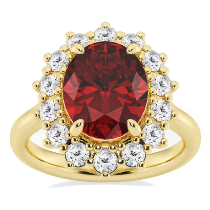 AGI Certified 3CTW Oval Lab Ruby Princess Diana Engagement Ring With Lab Diamond Halo in Choice of 14K White or Yellow Gold – 9x7mm