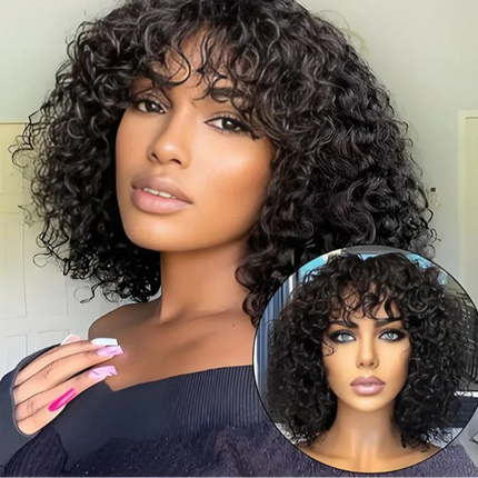 Highlight Honey Blonde Jerry Curly Pixie Bob Wig with Bangs | Full Machine Made Human Hair