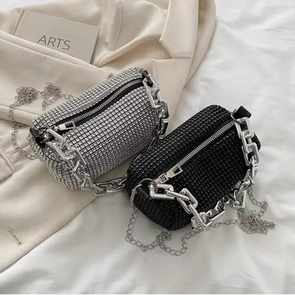 Allover Rhinestone Bucket Bag | Glitter Chain Prom Purse & Women's Mini Crossbody Bag (Sparkling Evening Handbag)