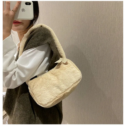 Simple Design Women's Soft Plush Hobo Shoulder Bag | Winter Furry Ladies Clutch Purse & Handbag (Fashion Female Underarm Bag)