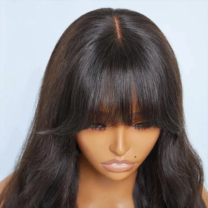 Natural Color 24" Body Wave Wig with Bangs | 180% Density Remy Human Hair Middle Part Lace