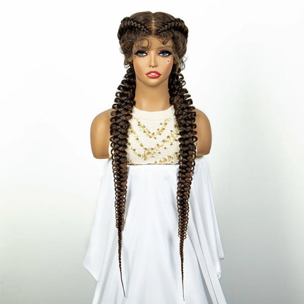 1B/30 Dark Brown Dutch Box Braids Wig | Synthetic Lace Frontal | Fishtail Braids | With Baby Hair | For Black Women