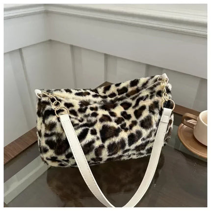 Winter Fashion Leopard Print Plush Women's Bags | Versatile Casual Trendy Premium Texture Large Capacity Shoulder Handbag