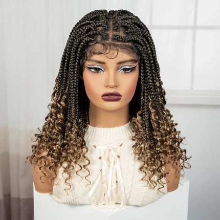 Knotless Box Boho Braided Wig with Curly Ends | Short Bob Style | Full Lace Synthetic Wig for Black Women