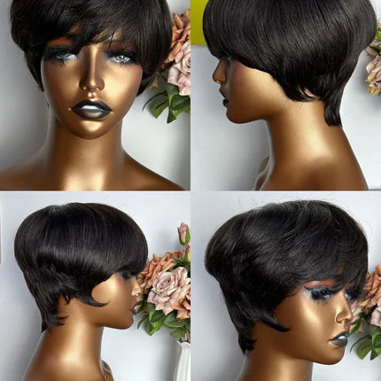 Short Pixie Cut Wig Human Hair | Machine Made Wig with Bangs | Brazilian Remy Hair | Pixie Wig for Black Women