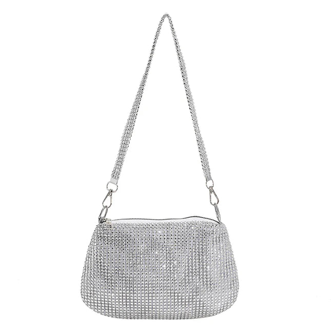 Bling Rhinestone Evening Clutch Bag | Women's Korean Designer Diamond Chain Dinner Party Handbag (Lady Square Tote Shoulder Bag)