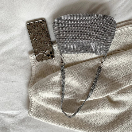 Bling Rhinestone Evening Clutch Bag | Women's Korean Designer Diamond Chain Dinner Party Handbag (Lady Square Tote Shoulder Bag)