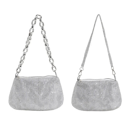 Bling Rhinestone Evening Clutch Bag | Women's Korean Designer Diamond Chain Dinner Party Handbag (Lady Square Tote Shoulder Bag)