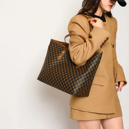 Large Capacity Shoulder Bag for Women | PU Leather Handbag for Commuting & Casual Use (Versatile Tote Bag, Geometric Pattern)