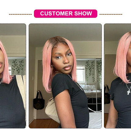 180% Density Dark Root Ginger Ombre Straight Bob Wig | Transparent T-Part Lace Front Human Hair