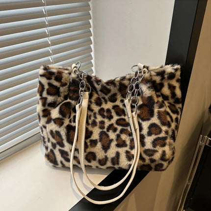 National Style Simple Women's Leopard Tote Bag | Lady Luxury Fluffy Shoulder Bag & Chain Large Capacity Commuter Handle Bag