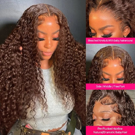 Chocolate Brown Deep Wave Frontal Wig | 13x4 HD Transparent Curly Lace Front Human Hair Wig (Bleached, Brazilian Brown Colored)