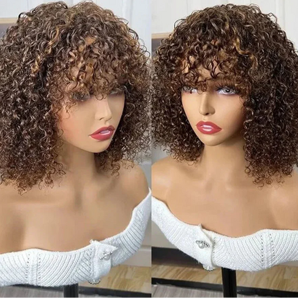 Highlight Honey Blonde Jerry Curly Pixie Bob Wig with Bangs | Full Machine Made Human Hair