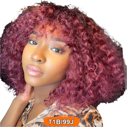 Highlight Honey Blonde Jerry Curly Pixie Bob Wig with Bangs | Full Machine Made Human Hair