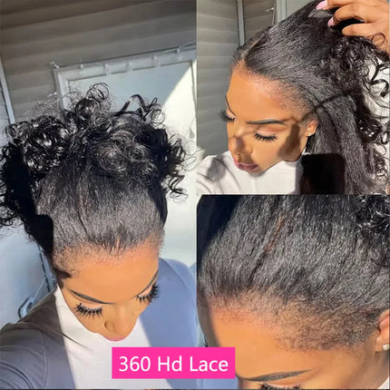 Kinky Straight 360 HD Lace Frontal Wig | Yaki Straight Ponytail Human Hair Wig for Black Women (Transparent Lace, Clearance Sale)