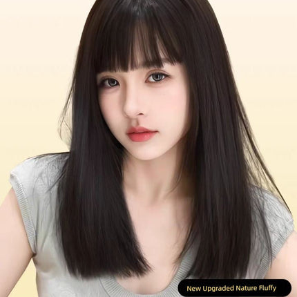 Elegant Mid-Length Straight Hair Wig for Women | Realistic Natural Full-Head Wig with Cartoon Straight Bangs (Age-Reducing, Daily Wear, Full Top)