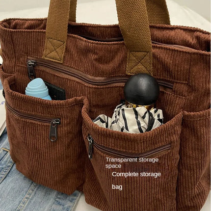Female Large Capacity Corduroy Tote Bag | New Korean Style Fashion Women's Shoulder Crossbody Bag (Worker Commuter Handlebag)