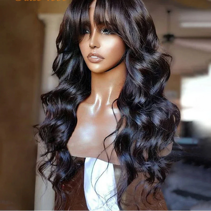 Natural Color 24" Body Wave Wig with Bangs | 180% Density Remy Human Hair Middle Part Lace
