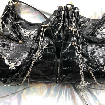 Gothic Dark Punk Underarm Bag | Skull Shoulder Bag & Y2K Chain Crocodile Pattern Crossbody Bag (Korean Popular Aesthetic Handbags)