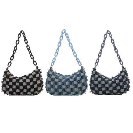 Vintage Women's Casual Shoulder & Underarm Bag | Plaid Pattern Denim Small Purse (Ladies Chain Leisure Handbag, Hobo Style)