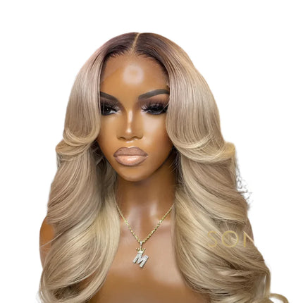 Ombre Ash Honey Blonde 13x6 Transparent Lace Frontal Wig | Dark Root Body Wave Human Hair