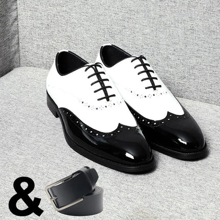 Elegant Men's White & Black Wingtip Brogue Oxfords | Genuine Leather Wedding, Party & Social Dress Shoes
