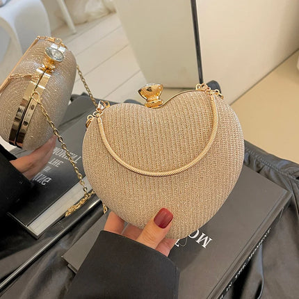Shiny Heart Shape Metal Evening Clutch Bag for Women | Fashion Chain Shoulder Crossbody Bag (Luxury Lady Purse)