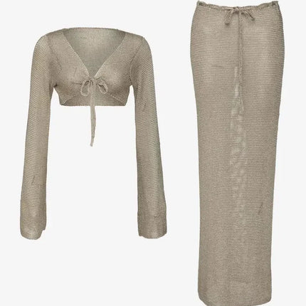 Metallic Gold Tank Top Long Skirt Knit 2 Piece Set