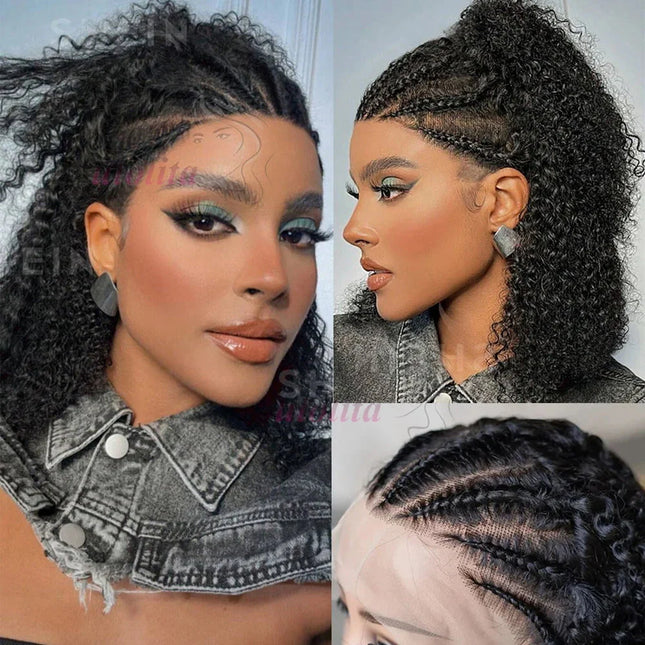 13x4 Human Hair Deep Curl Locs Wig | Knotless Braided Bob | 210 Density | Remy Mongolian Hair