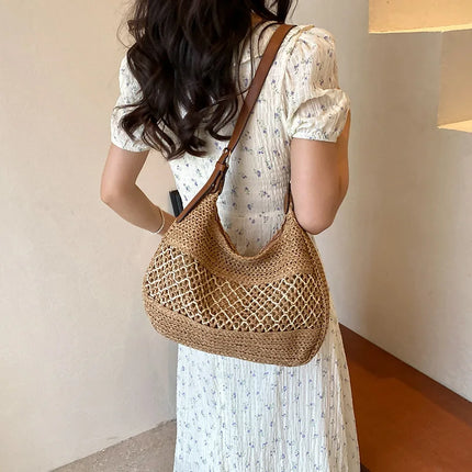 Large Capacity Summer Straw Weaving Shoulder Bag | Women's Handmade Crochet Beach Handbag & Woven Hollow Out Underarm Knitting Bag
