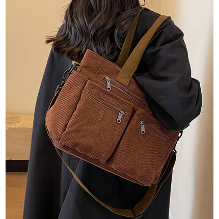 Female Large Capacity Corduroy Tote Bag | New Korean Style Fashion Women's Shoulder Crossbody Bag (Worker Commuter Handlebag)