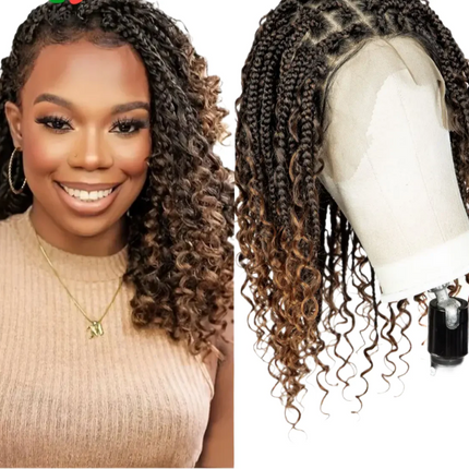 Knotless Box Boho Braided Wig with Curly Ends | Short Bob Style | Full Lace Synthetic Wig for Black Women