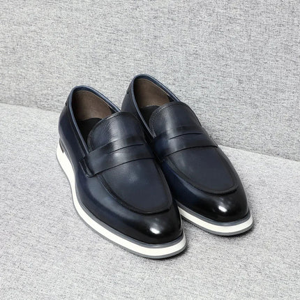 Classy Men's Genuine Cow Leather Penny Loafers | Blue & Black Casual Business Flats (Breathable)