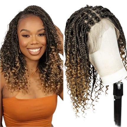 Ombre Boho Knotless Braids Bob Wig with Curly Ends | Full Lace