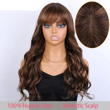Natural Color 24" Body Wave Wig with Bangs | 180% Density Remy Human Hair Middle Part Lace