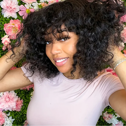 Highlight Honey Blonde Jerry Curly Pixie Bob Wig with Bangs | Full Machine Made Human Hair