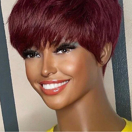 Rebecca Burgundy Red & Blonde Pixie Bob Wig | Short Straight Glueless Human Hair with Bangs
