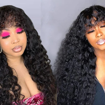 30 Inch Loose Water Wave Wig with Bangs | Full Machine Made Brazilian Remy Human Hair (Natural, All Colors Dyeable)