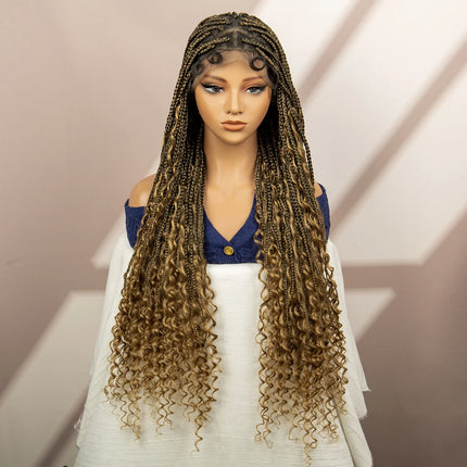 Boho Box Braided Wig with Curly Hair | Goddess Locs Accents | Full Lace Brown Braids Wig | Bohemian Box Braid Wig