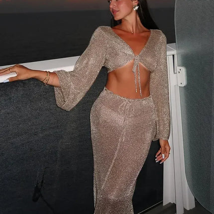 Metallic Gold Tank Top Long Skirt Knit 2 Piece Set