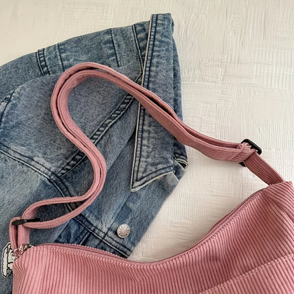 Women's Corduroy Shoulder Bag | Casual Striped Large Capacity Tote with Zipper (Cute Hat Patch, Everyday Use)