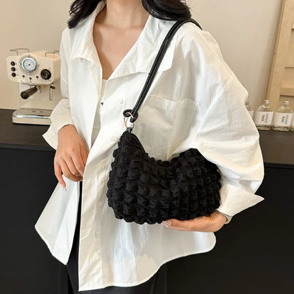 Canvas Wrinkle Bag for Women | Shoulder Bags & Pleated Bubbles Handbags (Padded Casual Underarm Quilted Tote Cloud Bag Purse)