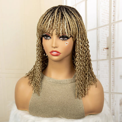 Short 14" Bob Braided Wig | Curly Knotless Box Braids | Synthetic Machine Made Wig | For Black Women
