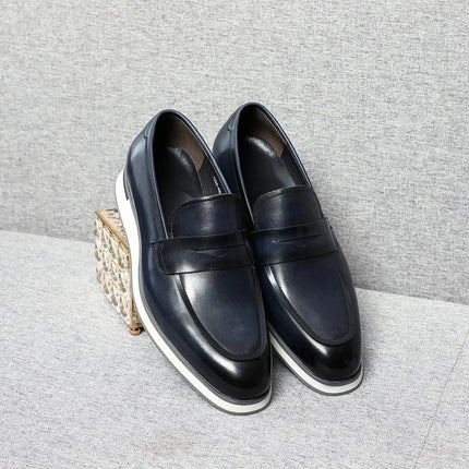 Classy Men's Genuine Cow Leather Penny Loafers | Blue & Black Casual Business Flats (Breathable)