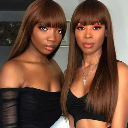Reddish Brown Human Hair Wig with Bangs | Easy Layer Cut Straight Remy Hair for Women (Affordable)