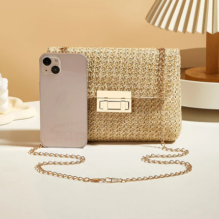 Fashion Crossbody Bags for Women | Simple Straw Shoulder Bag & Women's Lock Closure Bag (Small Square Purse Summer Money Bag)