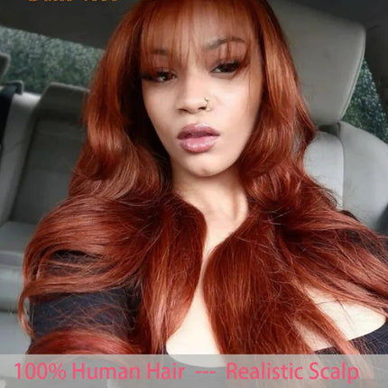 Natural Color 24" Body Wave Wig with Bangs | 180% Density Remy Human Hair Middle Part Lace