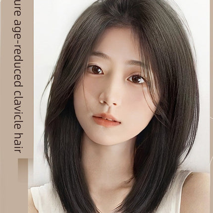 Women's Long Hair Lace Eight-Word Bangs Collarbone Length Wig | Artificial Full Real Human Hair Seamless Full-Head Wig