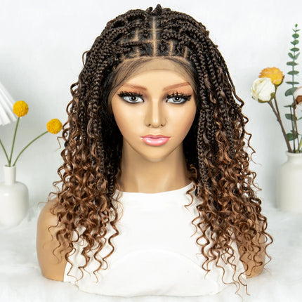 Short Bohemian Box Braids Wig | Full Lace | Curly Ends | Baby Hair | Synthetic Boho Wig