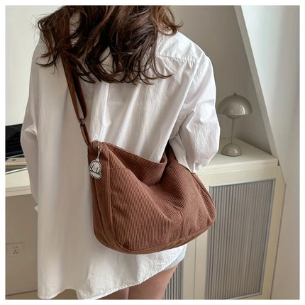 Women's Corduroy Shoulder Bag | Casual Striped Large Capacity Tote with Zipper (Cute Hat Patch, Everyday Use)